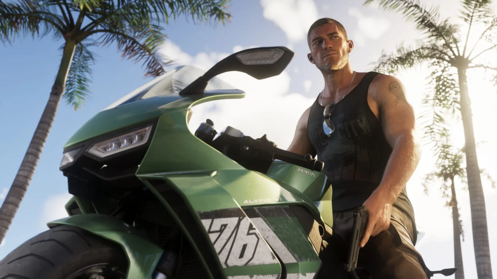 Jason and Lucia from GTA 6 together on a motorcycle on a neon city street at night