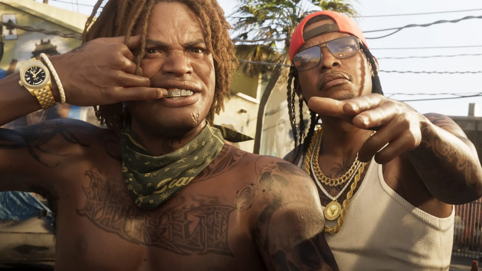 Two Vice City characters in GTA 6 flashing gold jewellery and grills on a sunlit street