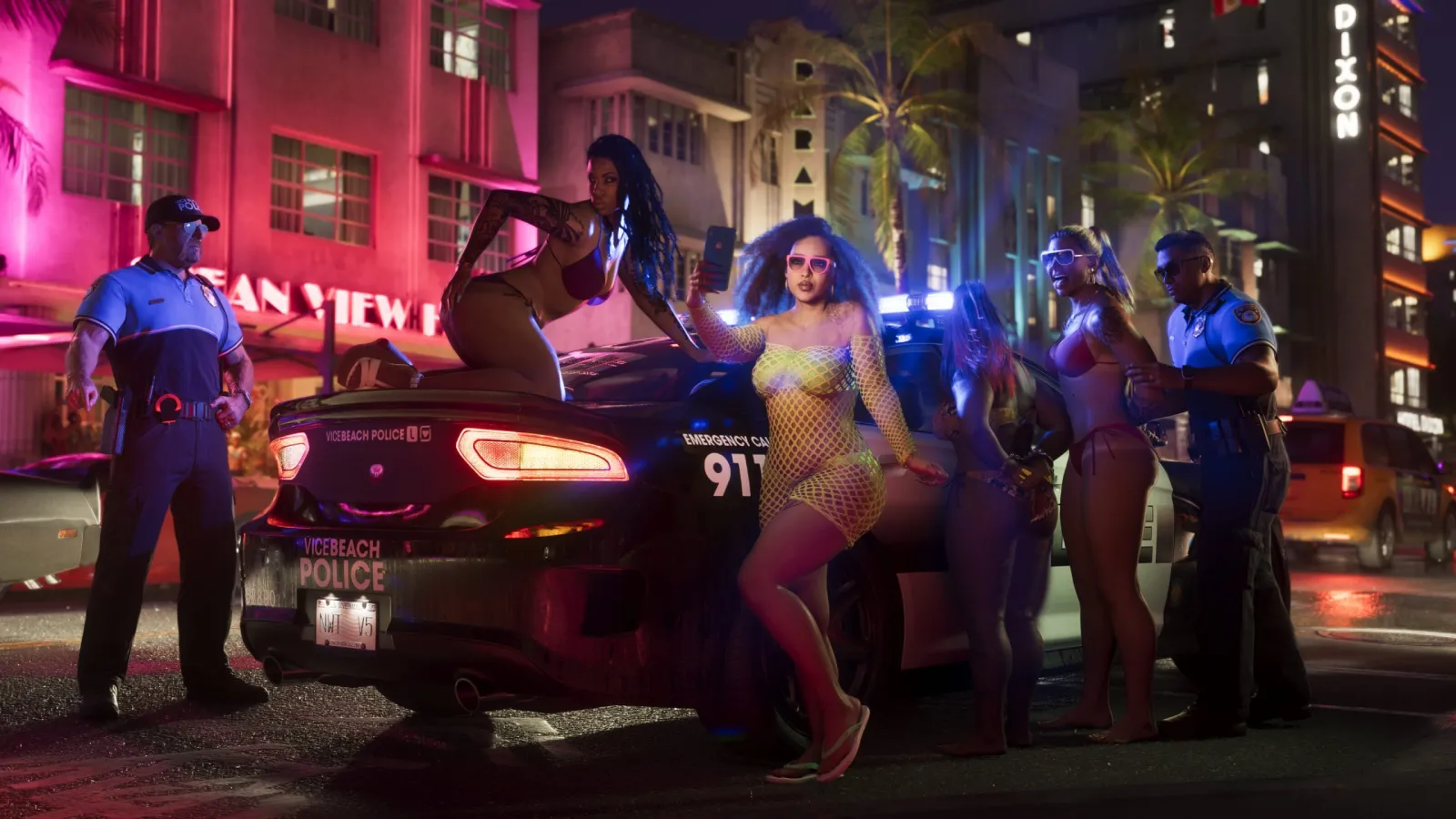Neon nightlife on the Vice City strip, where art-deco facades meet hot-pink light. © Rockstar Games